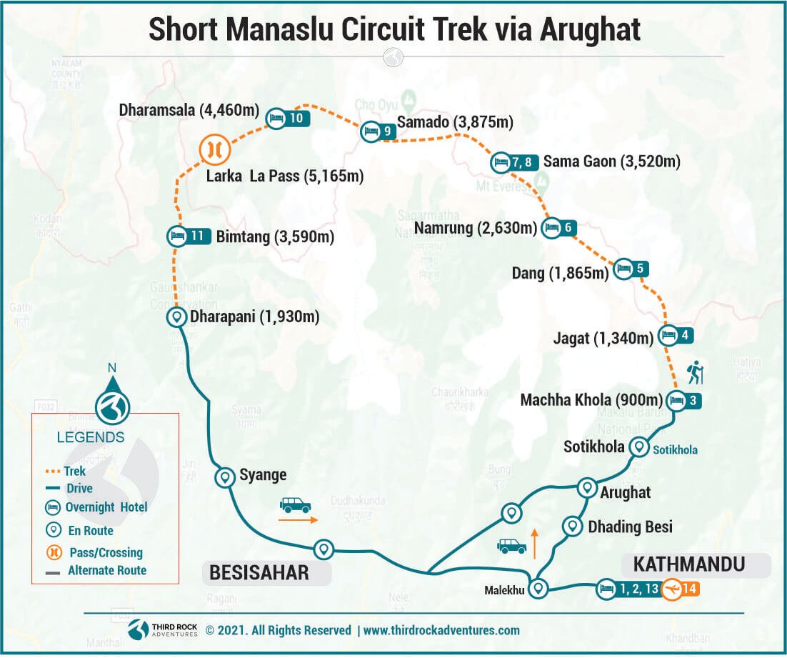 Route Map for Short Manaslu Circuit Trek via Arughat