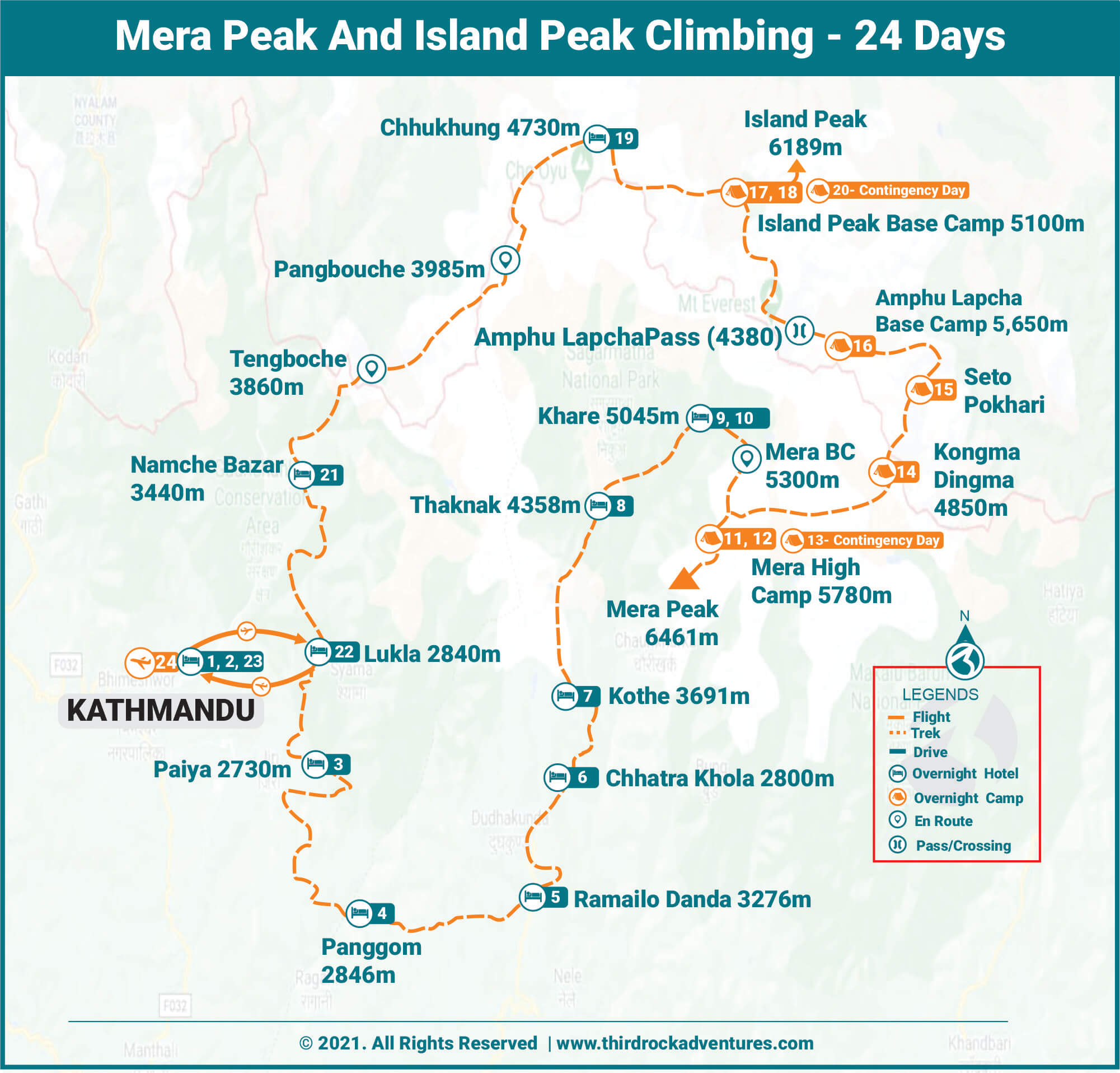 Mera Peak And Island Peak Climbing - 24 Days Route Map