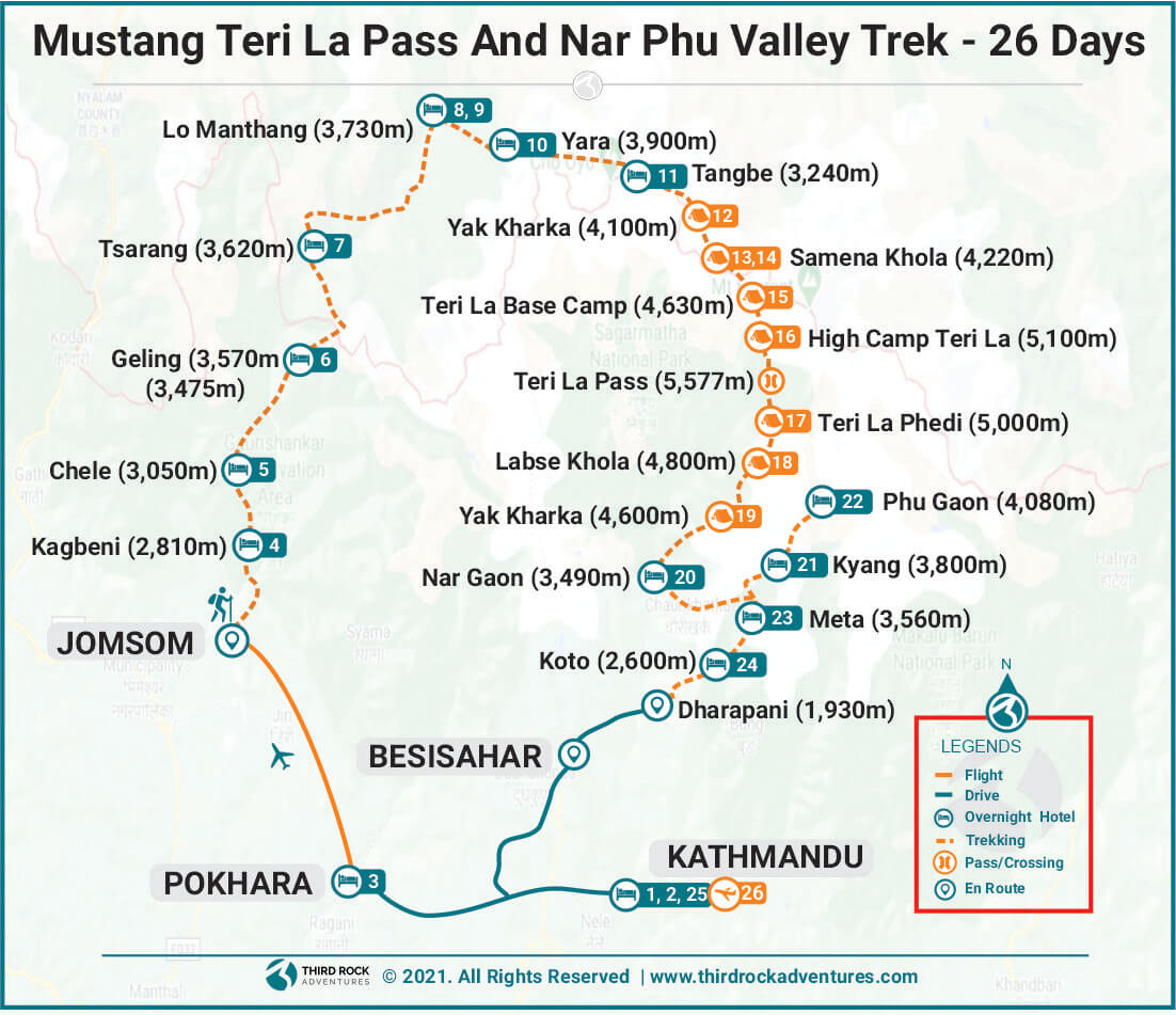 Mustang Teri La Pass And Nar Phu Valley Trek Route Map