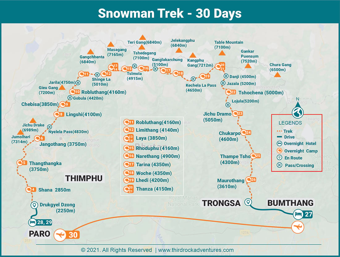 Snowman Trek 30 Days Route Map